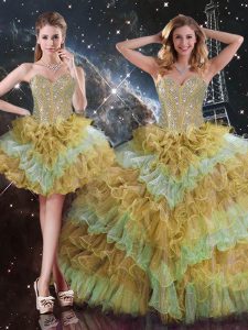 Sleeveless Floor Length Beading and Ruffled Layers Lace Up 15 Quinceanera Dress with Multi-color