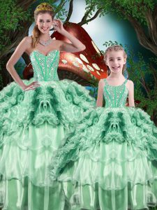 Super Sleeveless Floor Length Beading and Ruffles and Ruffled Layers Lace Up 15 Quinceanera Dress with Multi-color