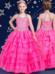 Hot Pink Organza Zipper Halter Top Sleeveless Floor Length Pageant Gowns For Girls Beading and Ruffled Layers