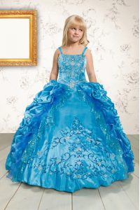 Pick Ups Ball Gowns Pageant Gowns For Girls Turquoise Spaghetti Straps Satin Sleeveless Floor Length Lace Up