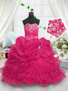 Glorious Hot Pink Little Girls Pageant Dress Wholesale Party and Wedding Party with Beading and Ruffled Layers and Pick Ups Sweetheart Sleeveless Lace Up