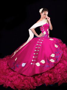 Sleeveless Embroidery and Ruffles Lace Up Vestidos de Quinceanera with Fuchsia Brush Train