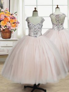 Low Price Pink Zipper Straps Beading Pageant Gowns For Girls Tulle Cap Sleeves