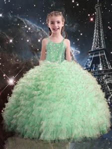 Floor Length Lace Up Little Girls Pageant Dress Apple Green for Quinceanera and Wedding Party with Beading and Ruffles
