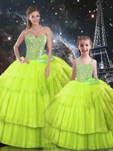 Wonderful Floor Length Lace Up Sweet 16 Quinceanera Dress Yellow Green for Military Ball and Sweet 16 and Quinceanera with Ruffled Layers