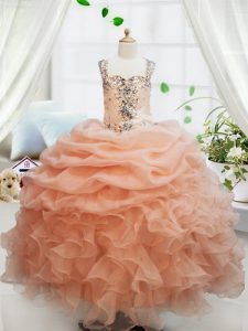 Lovely Sleeveless Organza Floor Length Zipper Kids Pageant Dress in Orange with Beading and Ruffles and Pick Ups