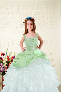 Simple Straps Sleeveless Child Pageant Dress Floor Length Beading and Ruffled Layers and Hand Made Flower Apple Green Organza