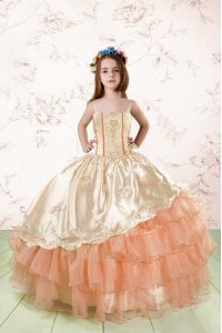 Low Price Sleeveless Organza Floor Length Lace Up Little Girls Pageant Dress Wholesale in Orange Red with Embroidery and Ruffled Layers