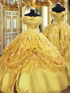 Cute Gold Ball Gowns Beading and Appliques and Hand Made Flower Sweet 16 Dresses Lace Up Tulle Sleeveless Floor Length
