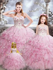 Custom Made Baby Pink Organza Lace Up Sweetheart Sleeveless Floor Length Quinceanera Dresses Beading and Ruffles