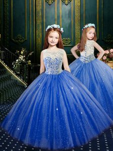 Cheap Scoop Clasp Handle Floor Length Blue Little Girl Pageant Dress Tulle Sleeveless Appliques