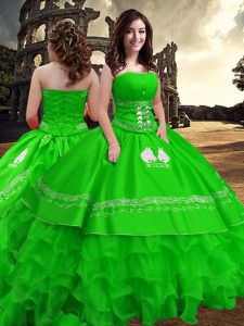 Flirting Green Taffeta Zipper 15th Birthday Dress Sleeveless Floor Length Embroidery and Ruffled Layers