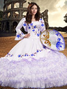 Royal Blue Long Sleeves Floor Length Embroidery and Ruffled Layers Lace Up Sweet 16 Quinceanera Dress