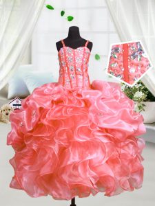 Spaghetti Straps Sleeveless Girls Pageant Dresses Floor Length Beading and Ruffles Watermelon Red Organza