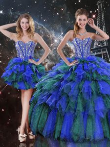 Ideal Multi-color Sleeveless Organza Lace Up 15 Quinceanera Dress for Military Ball and Sweet 16 and Quinceanera
