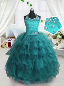 Ruffled Floor Length Turquoise Little Girls Pageant Dress Spaghetti Straps Sleeveless Lace Up