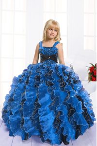 Great Straps Sleeveless Lace Up Little Girls Pageant Dress Wholesale Royal Blue Organza
