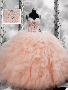 Peach Lace Up Quinceanera Gowns Beading and Ruffles Sleeveless Floor Length
