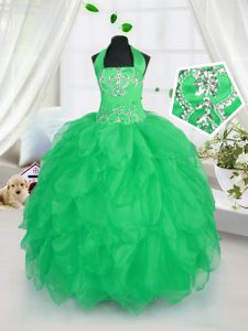 Perfect Halter Top Apple Green Organza Lace Up Little Girls Pageant Dress Wholesale Sleeveless Floor Length Appliques and Ruffles