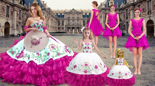 Fabulous Fuchsia Lace Up Sweetheart Embroidery and Ruffled Layers Vestidos de Quinceanera Organza Sleeveless