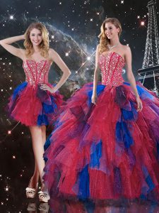 Graceful Sleeveless Floor Length Beading and Ruffles Lace Up Sweet 16 Dress with Multi-color