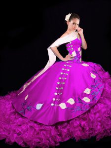 Fuchsia Ball Gowns Embroidery and Ruffles 15th Birthday Dress Lace Up Taffeta Sleeveless