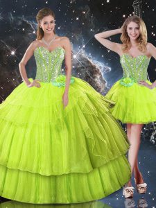 Sweetheart Sleeveless 15th Birthday Dress Floor Length Ruffled Layers Yellow Green Organza