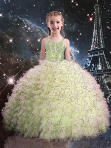 Olive Green Ball Gowns Beading and Ruffles Little Girl Pageant Gowns Lace Up Organza Sleeveless Floor Length