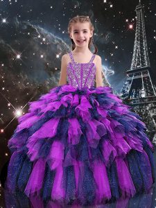 Sleeveless Floor Length Beading and Ruffles Lace Up Kids Pageant Dress with Eggplant Purple