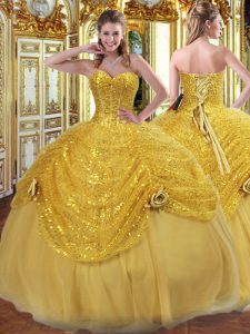 Fancy Gold Sleeveless Tulle Lace Up Vestidos de Quinceanera for Military Ball and Sweet 16 and Quinceanera
