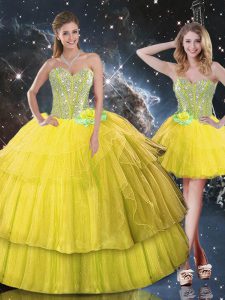 Glamorous Sleeveless Organza Floor Length Lace Up Sweet 16 Quinceanera Dress in Gold with Ruffled Layers and Sequins