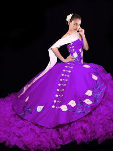 Modern Eggplant Purple Ball Gowns Organza Sweetheart Sleeveless Embroidery and Ruffles Lace Up 15th Birthday Dress Brush Train