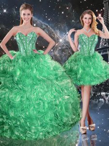 Simple Green Three Pieces Beading and Ruffles 15 Quinceanera Dress Lace Up Organza Sleeveless Floor Length