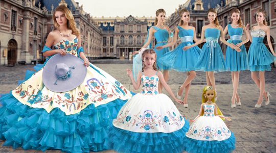 Sweet Sleeveless Organza Floor Length Lace Up Vestidos de Quinceanera in Baby Blue with Embroidery and Ruffled Layers