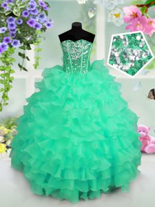 Sequins Ruffled Turquoise Sleeveless Organza Lace Up Little Girl Pageant Dress for Party and Wedding Party