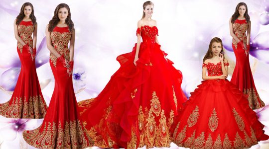 Tulle Sweetheart Sleeveless Brush Train Lace Up Beading and Appliques and Embroidery Quinceanera Gowns in Red