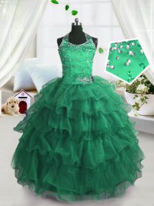 Scoop Peacock Green Ball Gowns Beading and Ruffled Layers Girls Pageant Dresses Lace Up Organza Sleeveless Floor Length