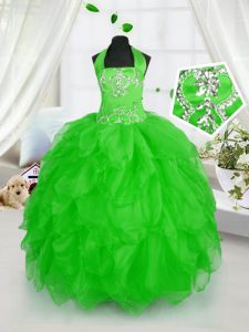 Wonderful Halter Top Ball Gowns Appliques and Ruffles Kids Pageant Dress Lace Up Organza Sleeveless Floor Length