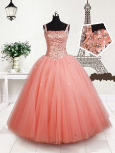 Straps Floor Length Ball Gowns Sleeveless Peach Little Girls Pageant Gowns Lace Up