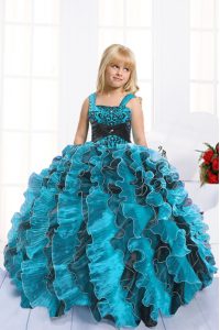 Latest Turquoise Ball Gowns Beading and Ruffles Kids Pageant Dress Lace Up Organza Sleeveless Floor Length