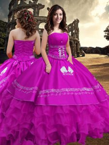 Comfortable Fuchsia Taffeta Zipper Strapless Sleeveless Floor Length Quinceanera Gowns Embroidery and Ruffled Layers