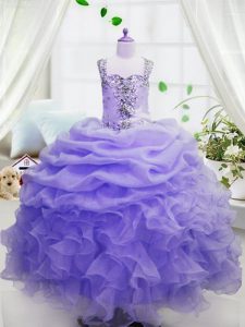 Hot Selling Lavender Ball Gowns Organza Square Sleeveless Beading and Ruffles and Pick Ups Floor Length Zipper Kids Pageant Dress