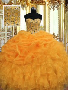 Floor Length Orange Quinceanera Dress Organza Sleeveless Beading and Ruffles