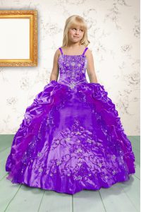 Unique Floor Length Purple Kids Pageant Dress Satin Sleeveless Beading and Appliques and Pick Ups