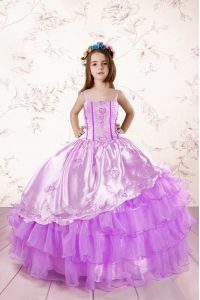 Sleeveless Organza Floor Length Lace Up Little Girl Pageant Dress in Fuchsia with Embroidery and Ruffled Layers