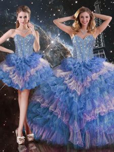 Multi-color Sleeveless Floor Length Beading and Ruffled Layers and Sequins Lace Up Sweet 16 Dress