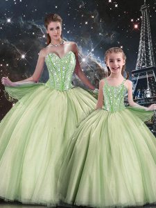 Sleeveless Floor Length Beading Lace Up Quinceanera Gown with Yellow Green