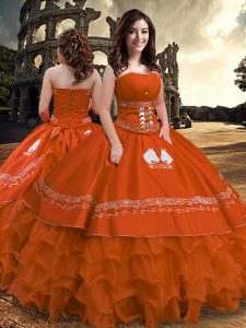 Rust Red Taffeta Zipper Strapless Sleeveless Floor Length Quinceanera Gowns Embroidery and Ruffled Layers