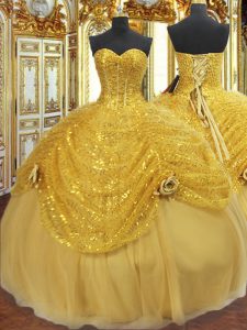 Fantastic Gold Sweetheart Lace Up Pick Ups and Hand Made Flower Quinceanera Gown Sleeveless