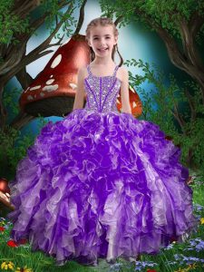 Beading and Ruffles Little Girls Pageant Gowns Eggplant Purple Lace Up Sleeveless Floor Length